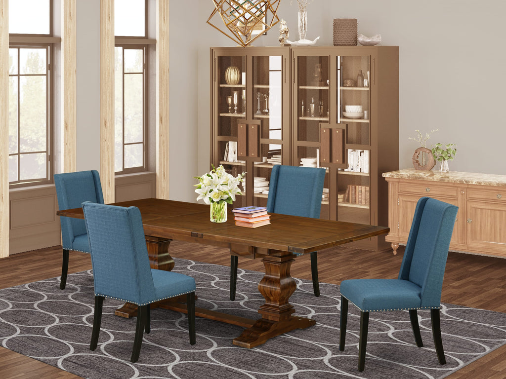 LAFL5-K4-DP 5 Piece Dining Set with Rectangular Expandable Table and 4 Blue Fabric Chairs, 42x92, Walnut