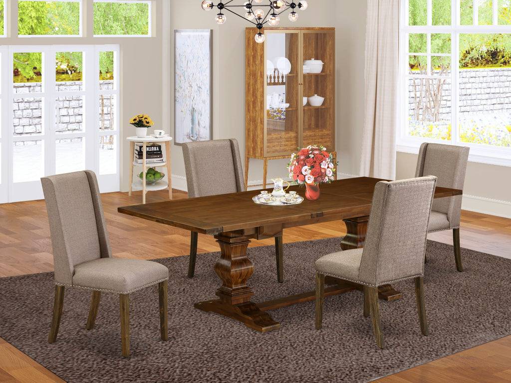 LAFL5-JB-ZC 5-Piece Rectangular Dining Ensemble with Extendable Table & Dark Khaki Upholstered Chairs, 42x92 Walnut