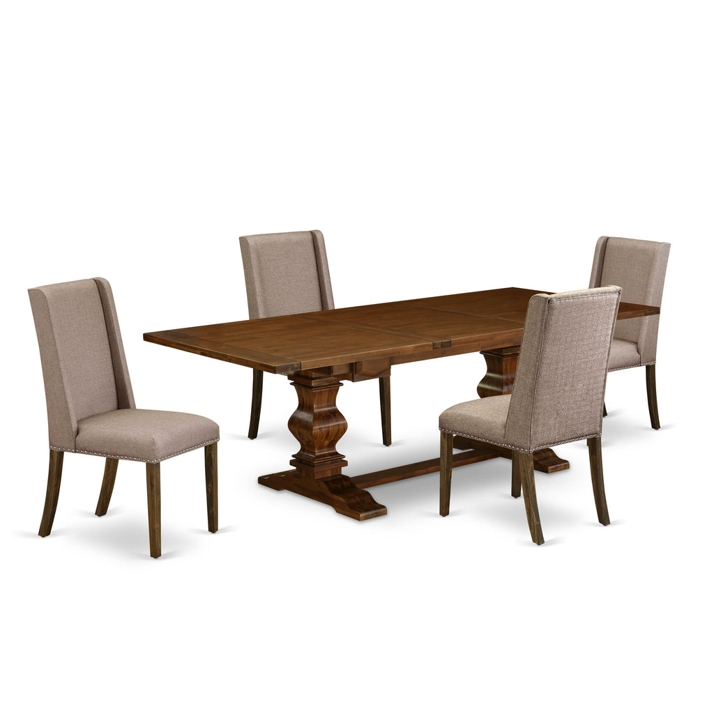 LAFL5-JB-ZC 5-Piece Rectangular Dining Ensemble with Extendable Table & Dark Khaki Upholstered Chairs, 42x92 Walnut