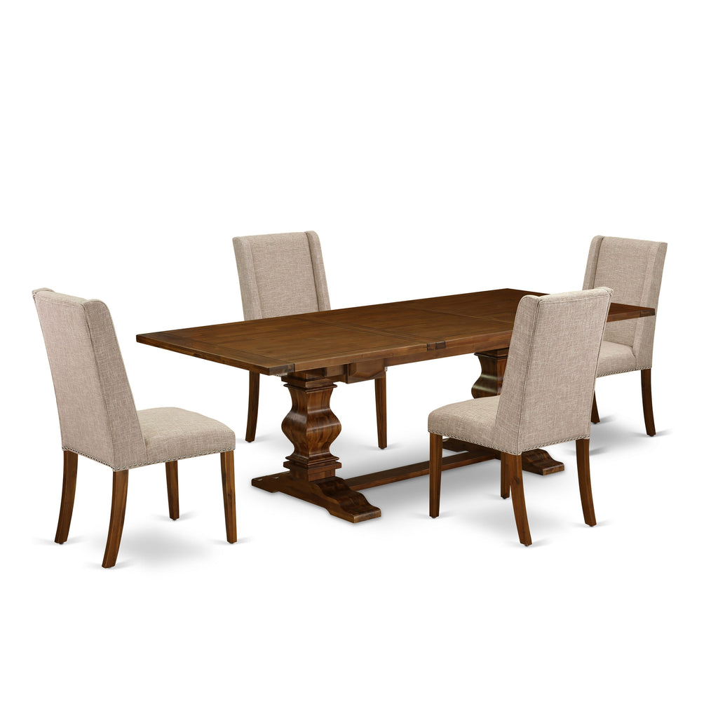 Experience Elegance with LAFL5-QP-8N Dining Set with Expansive Table, Leaf & 4 Upholstered Chairs for Chic Home