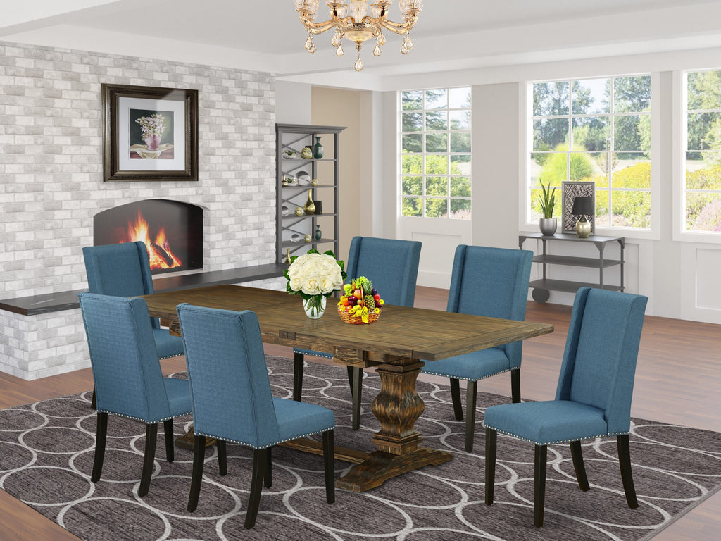 LAFL7-2G-XW 7 Piece Dining Ensemble with Expanding Table & 6 Blue Linen Parson Chairs, Jacobean