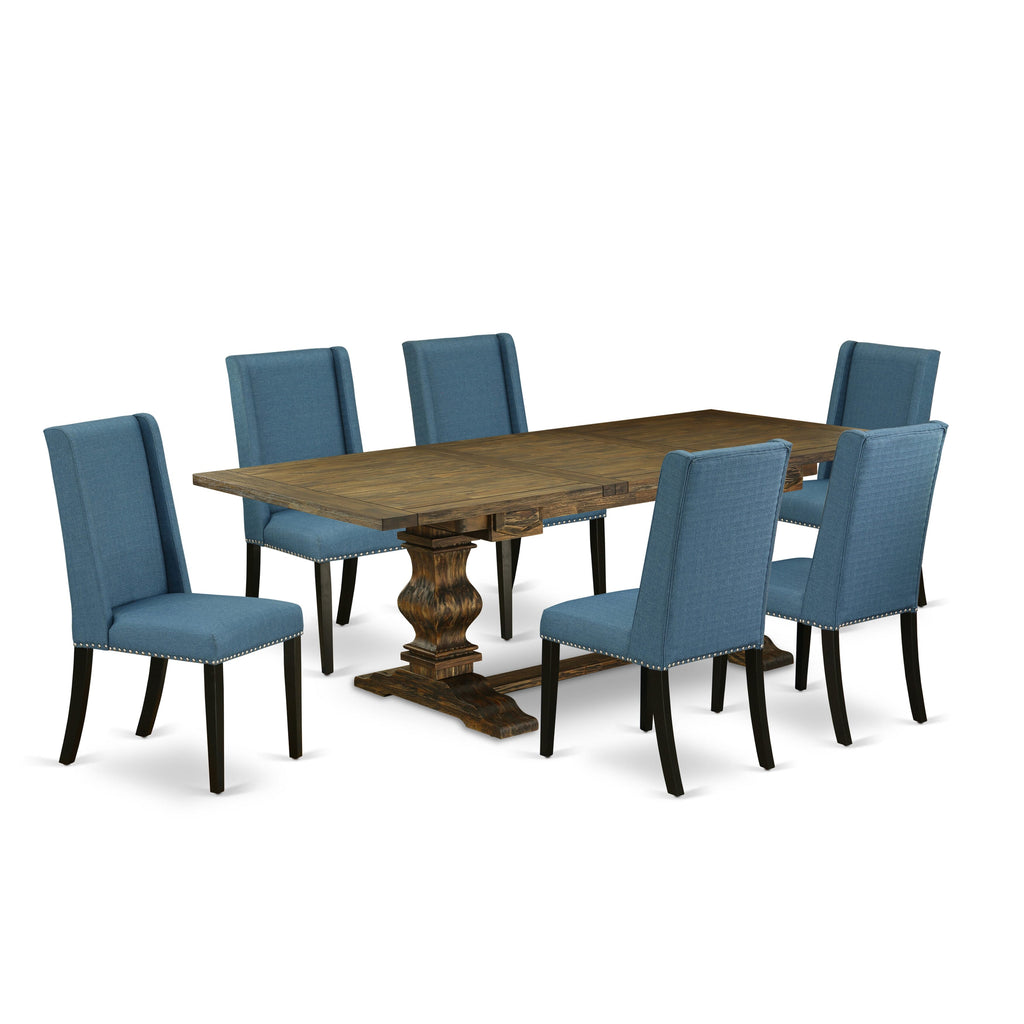 LAFL7-2G-XW 7 Piece Dining Ensemble with Expanding Table & 6 Blue Linen Parson Chairs, Jacobean