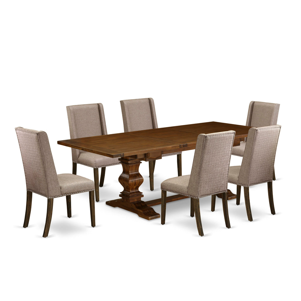 LAFL7-O5-ER Luxurious 7-Piece Dining Set with Extended Rectangle Table and Elegant Parson Chairs in Khaki Linen, Rich Walnut Finish
