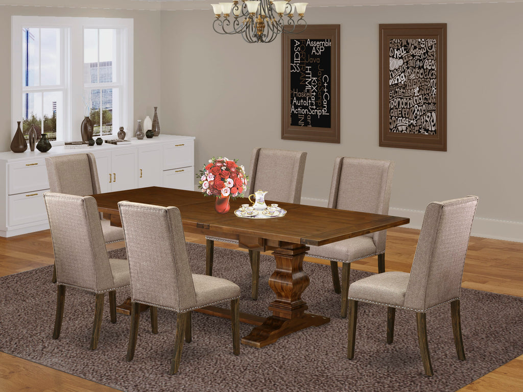 LAFL7-O5-ER Luxurious 7-Piece Dining Set with Extended Rectangle Table and Elegant Parson Chairs in Khaki Linen, Rich Walnut Finish