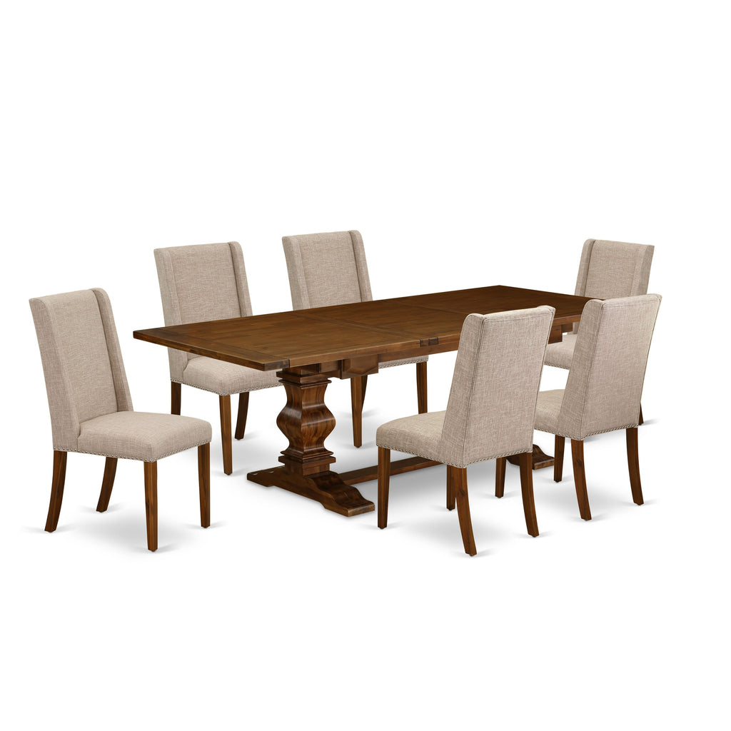 LAFL7-4O-EK 7-Piece Dining Configuration with Butterfly Leaf Table and Tan Parson Chairs 42x92 Walnut