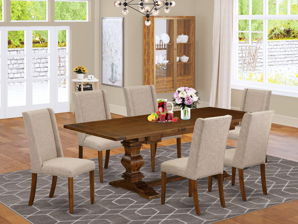 LAFL7-4O-EK 7-Piece Dining Configuration with Butterfly Leaf Table and Tan Parson Chairs 42x92 Walnut