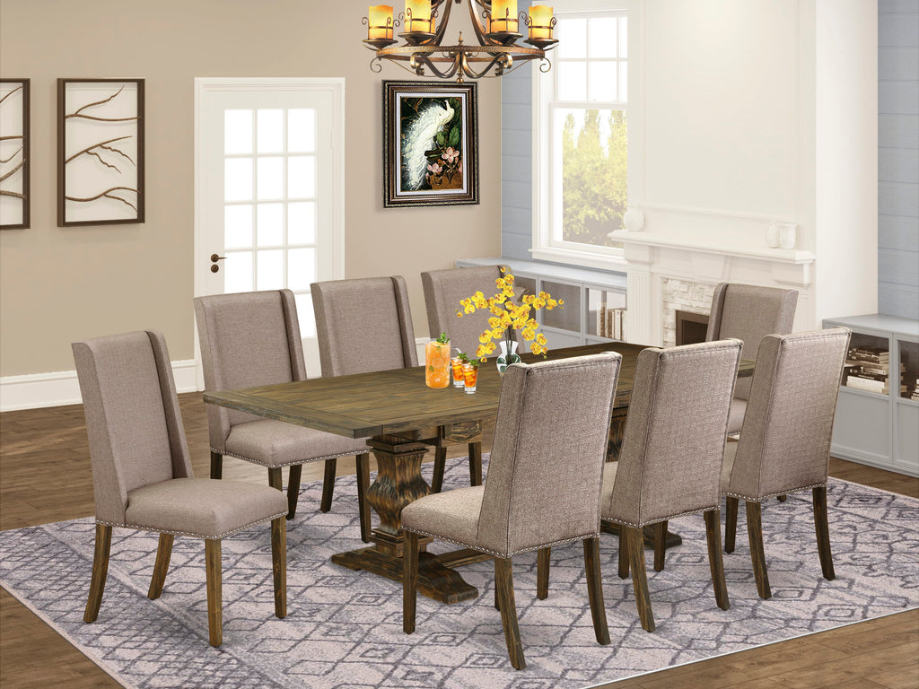 Discover LAFL9-5L-WG 9-Piece Dining Table Set with Leaf Extension and 8 Upholstered Seats, Jacobean Finish