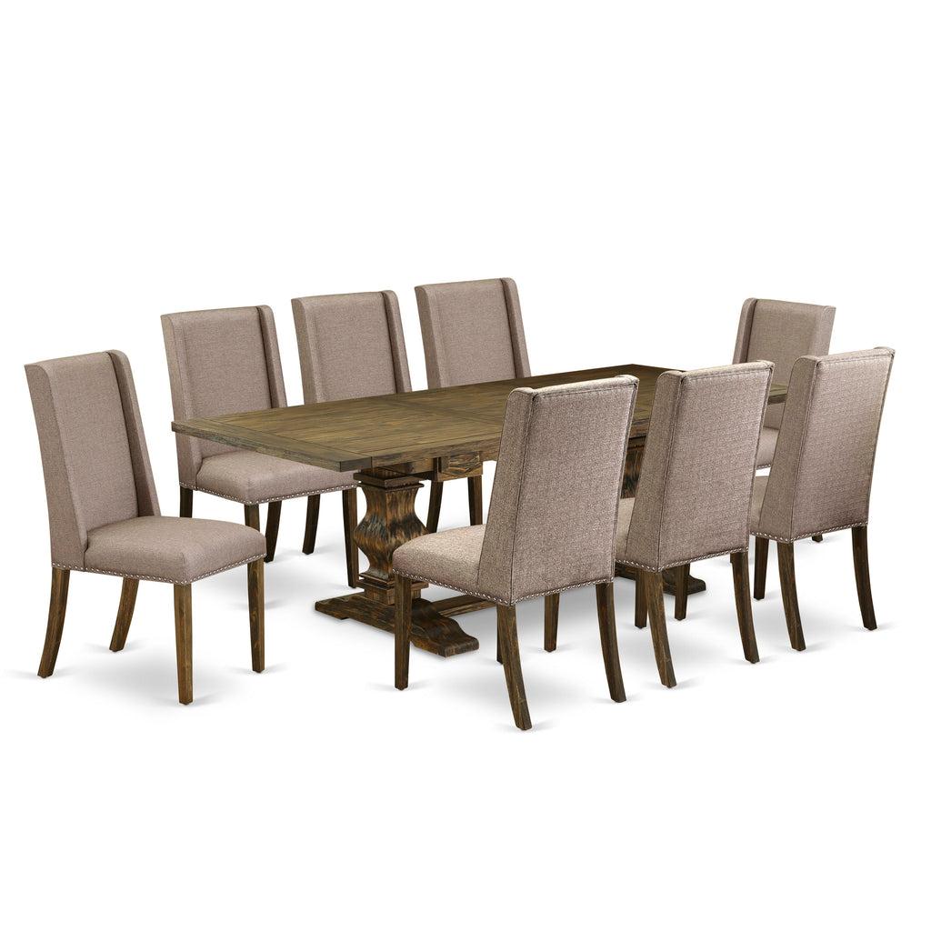 Discover LAFL9-5L-WG 9-Piece Dining Table Set with Leaf Extension and 8 Upholstered Seats, Jacobean Finish