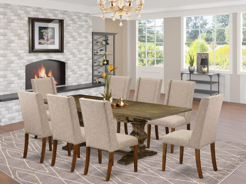 LAFL9-DH-3A 9-Piece Dining Ensemble with Rectangular Leaf Table & Light Tan Upholstered Seats, 42x92
