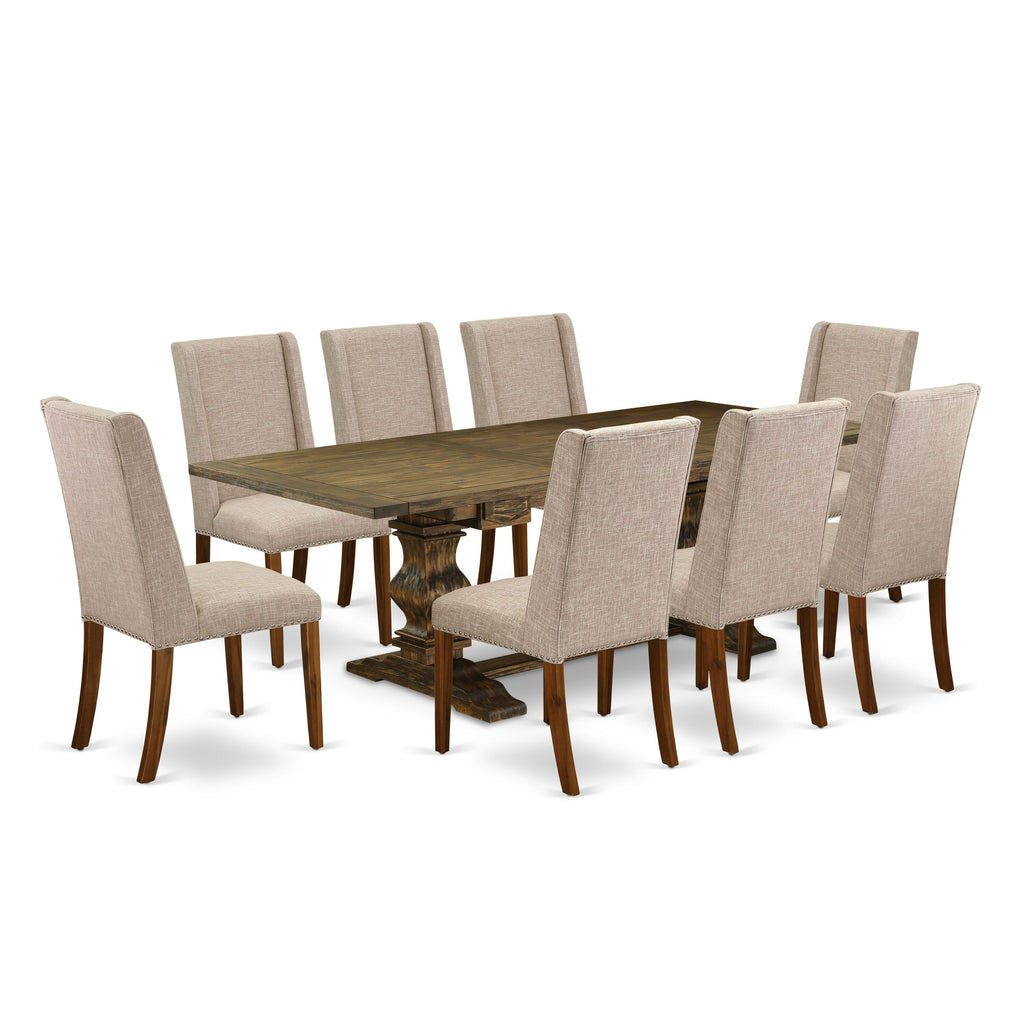 LAFL9-DH-3A 9-Piece Dining Ensemble with Rectangular Leaf Table & Light Tan Upholstered Seats, 42x92