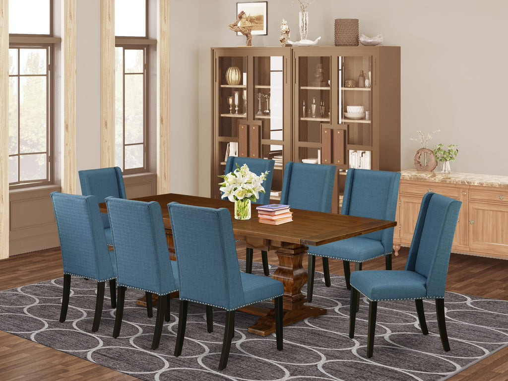 LAFL9-DD-5I 9-Piece Rectangular Dining Set with Butterfly Extension and Linen Upholstered Blue Parsons Chairs