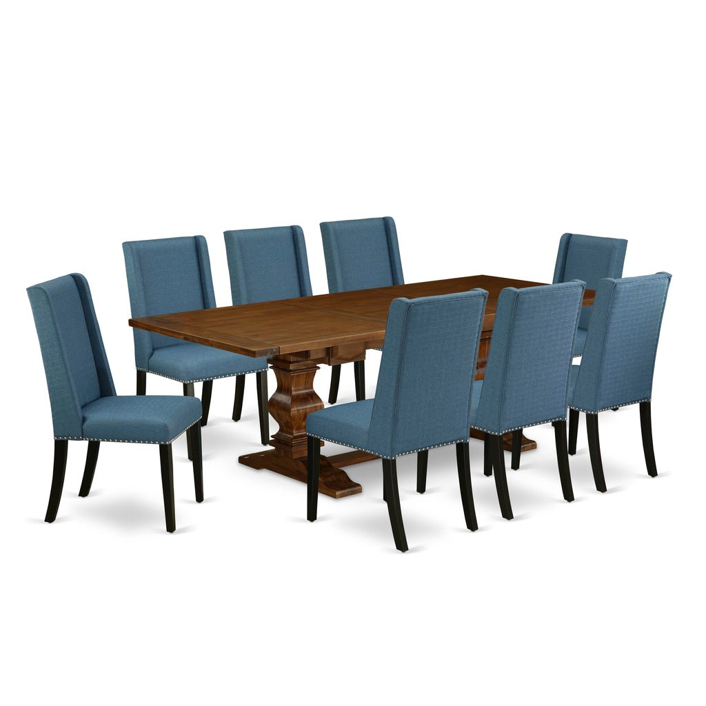 LAFL9-DD-5I 9-Piece Rectangular Dining Set with Butterfly Extension and Linen Upholstered Blue Parsons Chairs