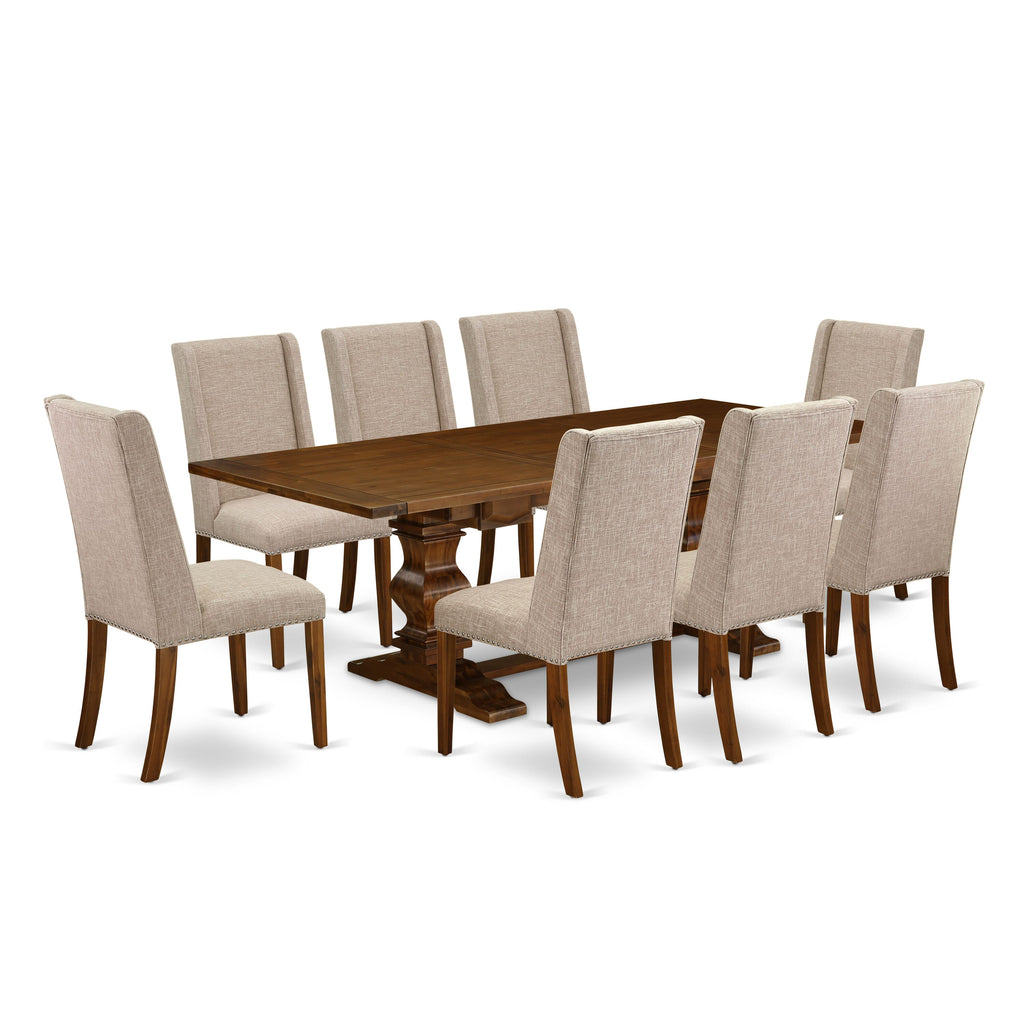 LAFL9-C6-89 9-Piece Walnut Dining Ensemble Rectangular Table with Butterfly Leaf and 8 Tan Linen Chairs