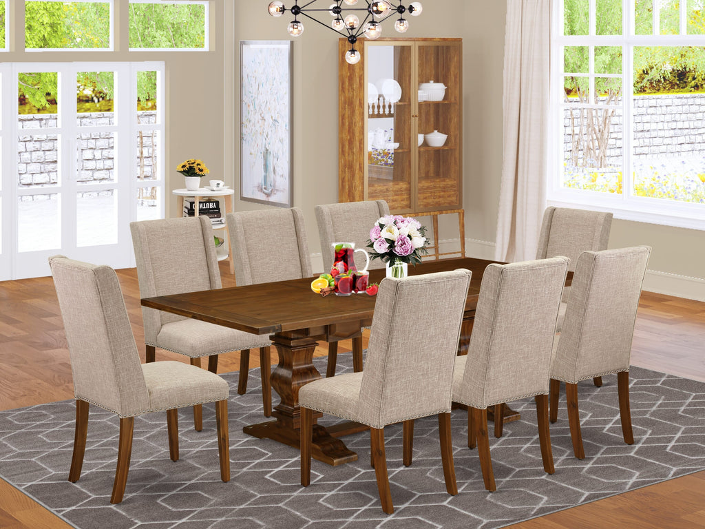 LAFL9-C6-89 9-Piece Walnut Dining Ensemble Rectangular Table with Butterfly Leaf and 8 Tan Linen Chairs