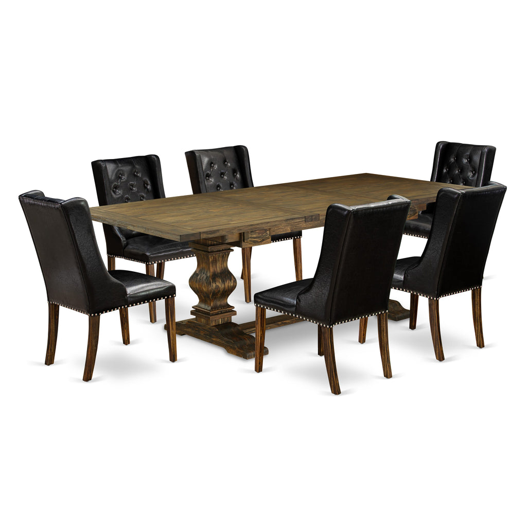 LAFO7-WN-FN Set 7-Piece Dining Ensemble with Table & Black Leather Inspired Chairs, Jacobean Finish