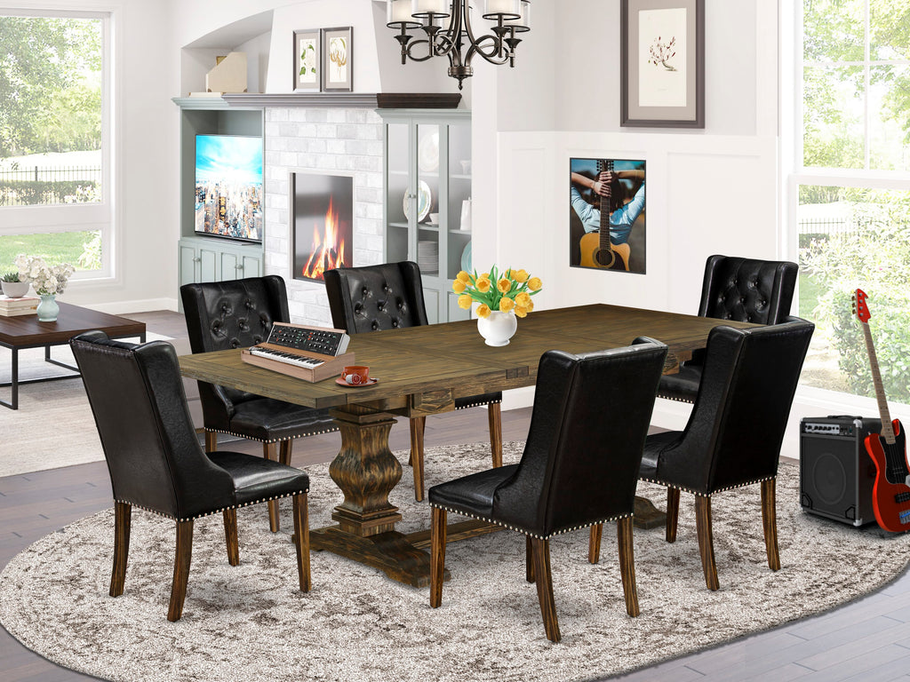 LAFO7-WN-FN Set 7-Piece Dining Ensemble with Table & Black Leather Inspired Chairs, Jacobean Finish