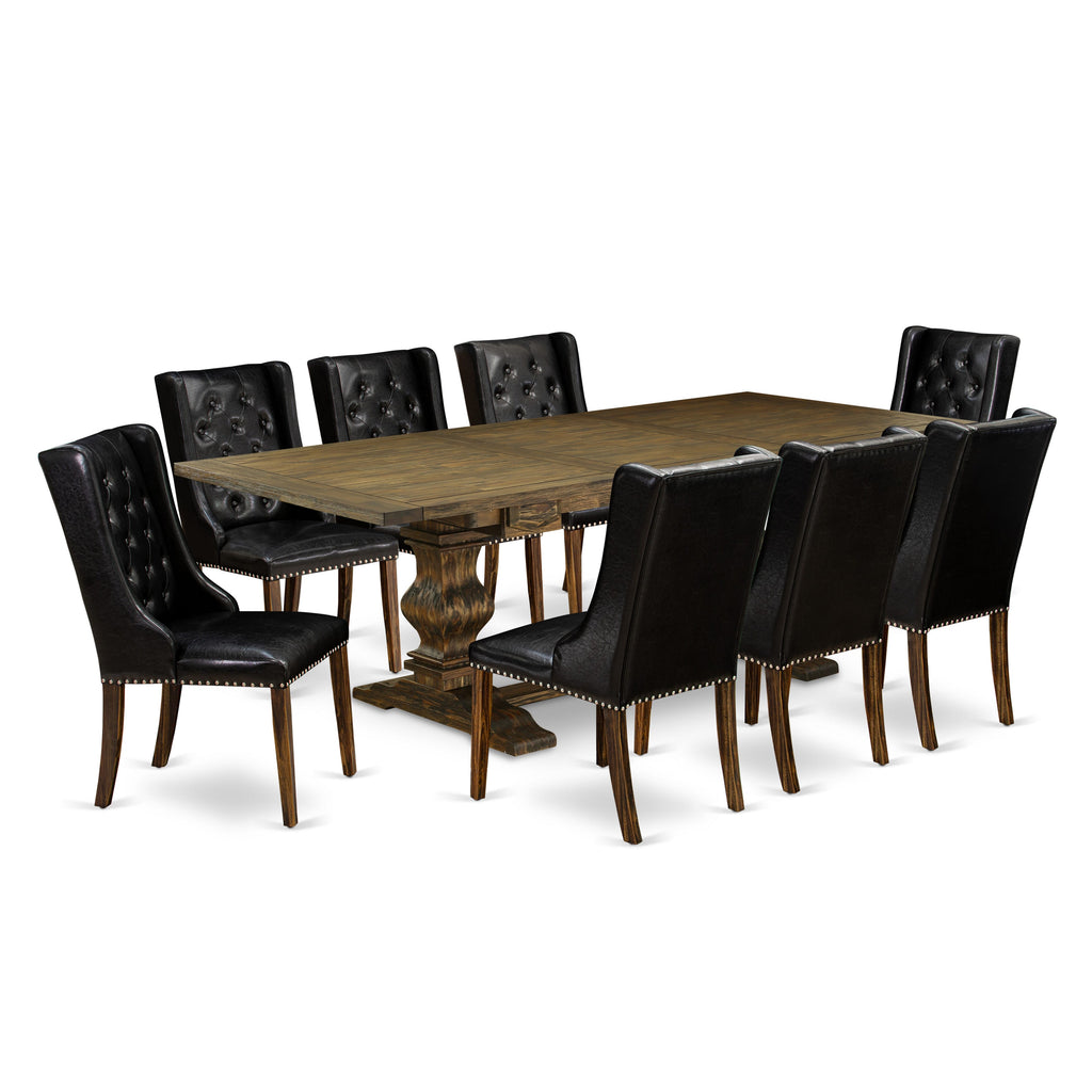 LAFO9-1T-AB 9-Piece Table Set with Rectangular Wooden Surface, Expandable Leaf, and 8 Leather Seat Chairs, Jacobean Finish
