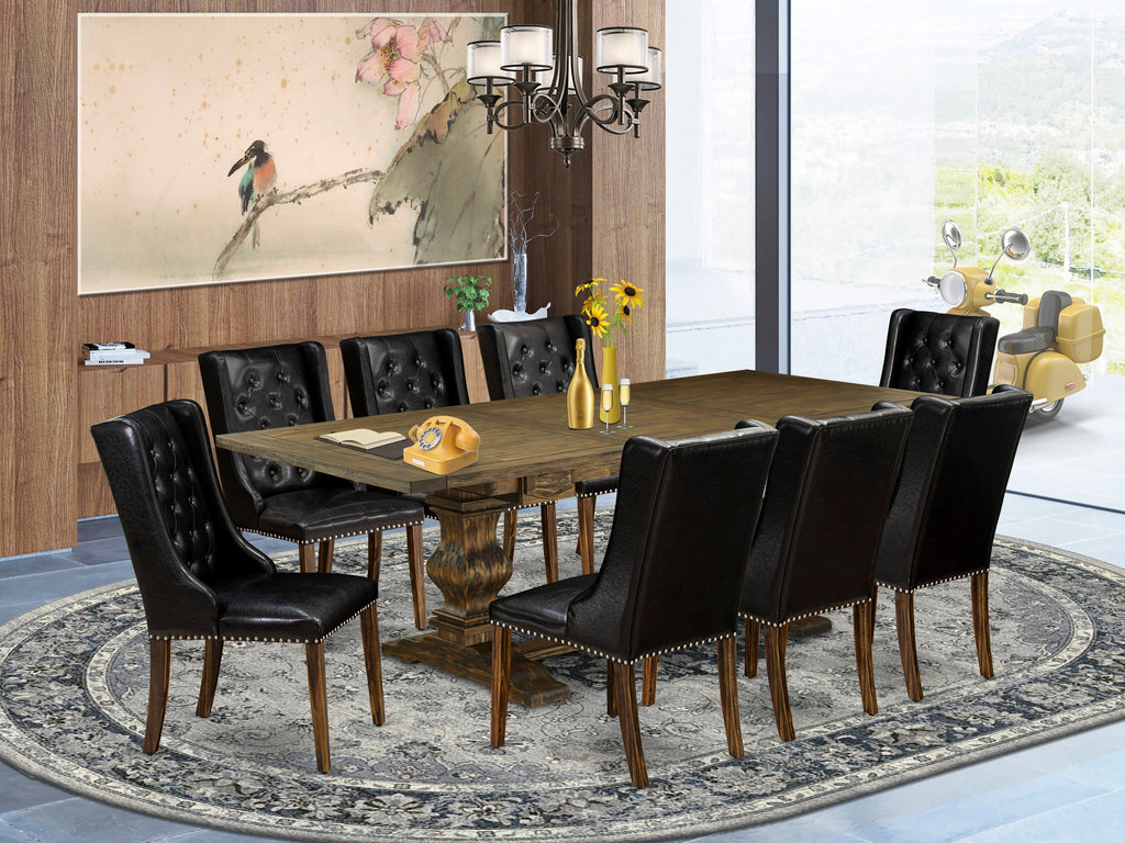 LAFO9-1T-AB 9-Piece Table Set with Rectangular Wooden Surface, Expandable Leaf, and 8 Leather Seat Chairs, Jacobean Finish