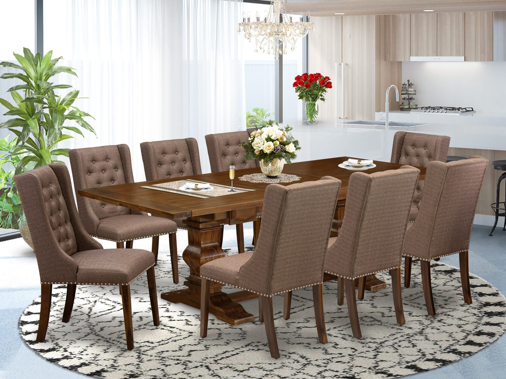LAFO9-1S-VG 9-Piece Dining Set with Expandable Table & 8 Elegant Chairs, Jacobean Finish