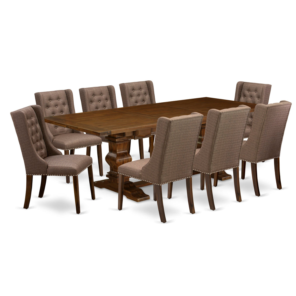 LAFO9-1S-VG 9-Piece Dining Set with Expandable Table & 8 Elegant Chairs, Jacobean Finish