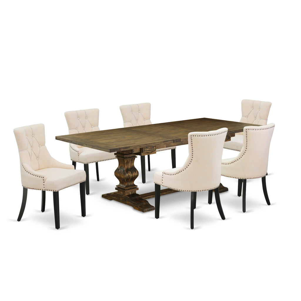 LAFR7-PM-9G 7-Piece Dining Ensemble with Rectangular Expandable Table & 6 Linen Chairs, 92 Jacobean Finish