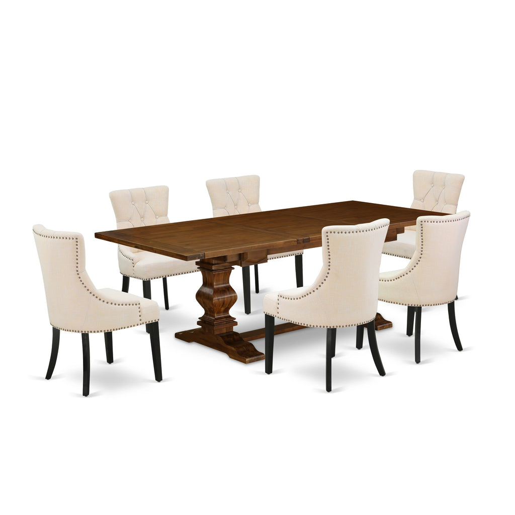 LAFR7-29-9T Elegant 7-Piece Walnut Dining Ensemble with Extended Rectangle Table and 6 Beige Chairs, 42x92