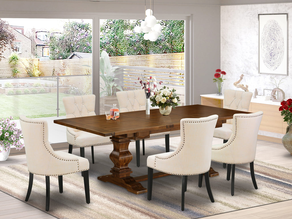 LAFR7-29-9T Elegant 7-Piece Walnut Dining Ensemble with Extended Rectangle Table and 6 Beige Chairs, 42x92