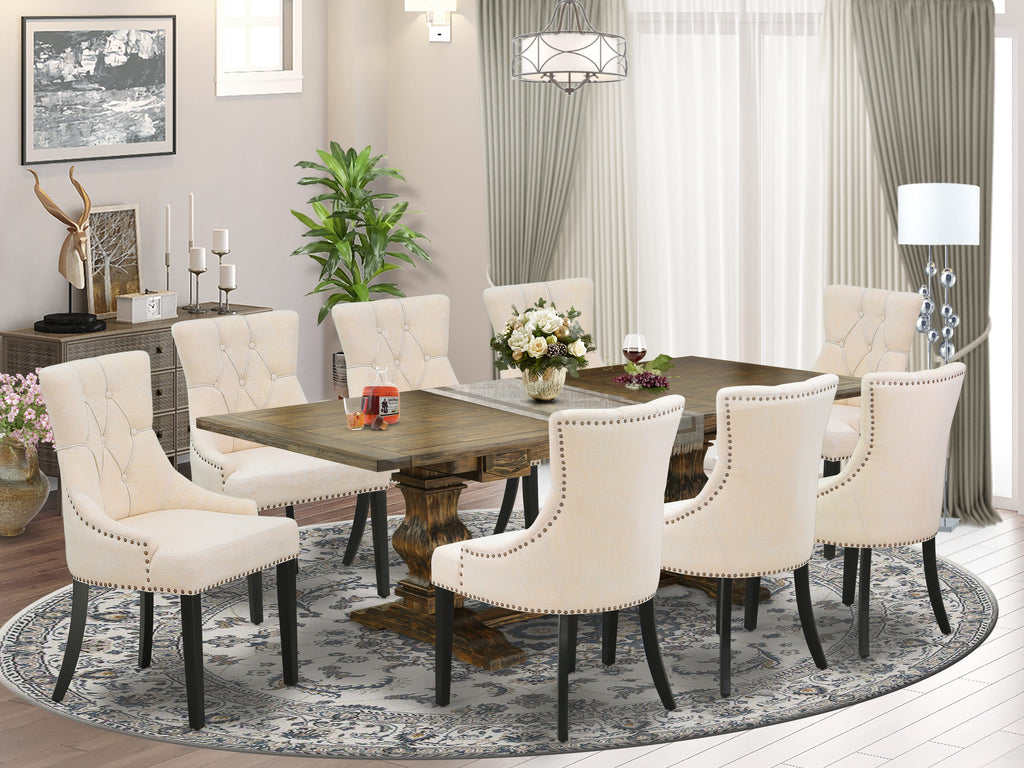 LAFR9-2J-LC 9-Piece Ensemble Rectangular Dining Table with Extension Leaf & 8 Beige Fabric Chairs, 42x92, Jacobean Finish