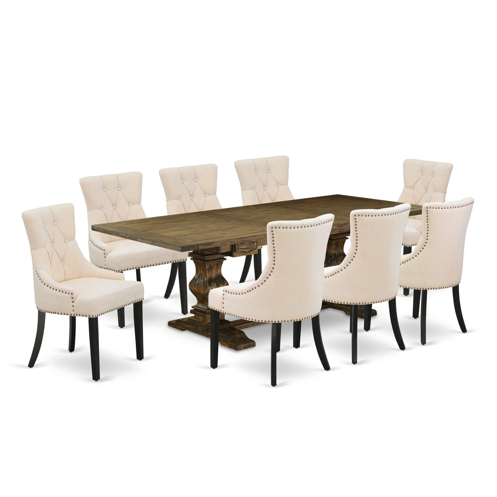 LAFR9-2J-LC 9-Piece Ensemble Rectangular Dining Table with Extension Leaf & 8 Beige Fabric Chairs, 42x92, Jacobean Finish