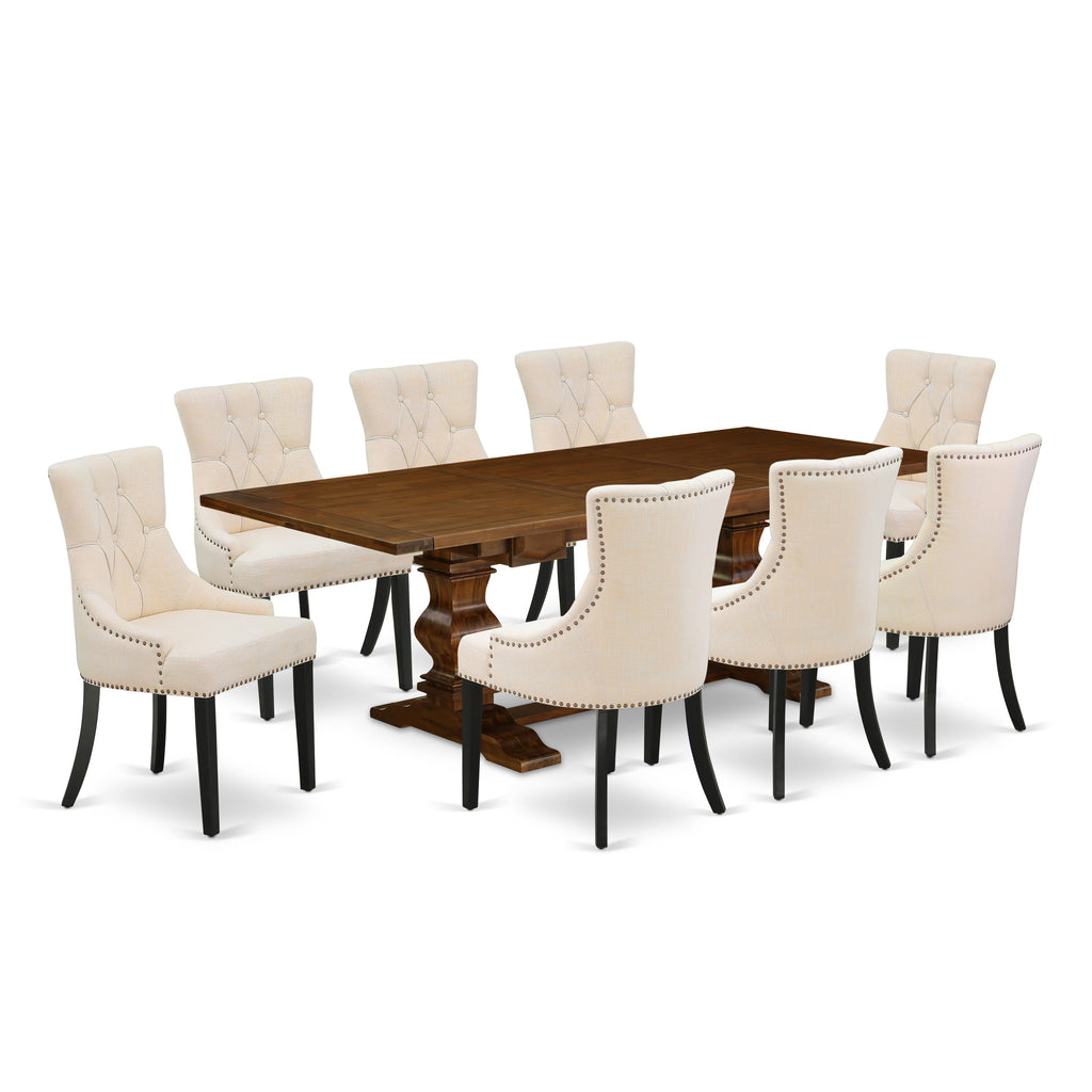 Luxurious Dining Collection LAFR9-T6-GJ - 9-Piece Set with Expansive Rectangular Table & 8 Beige Upholstered Chairs, Rich Walnut Finish