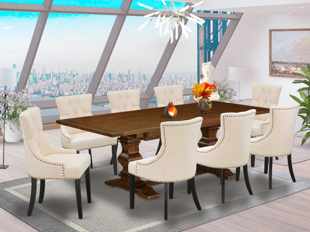 Luxurious Dining Collection LAFR9-T6-GJ - 9-Piece Set with Expansive Rectangular Table & 8 Beige Upholstered Chairs, Rich Walnut Finish