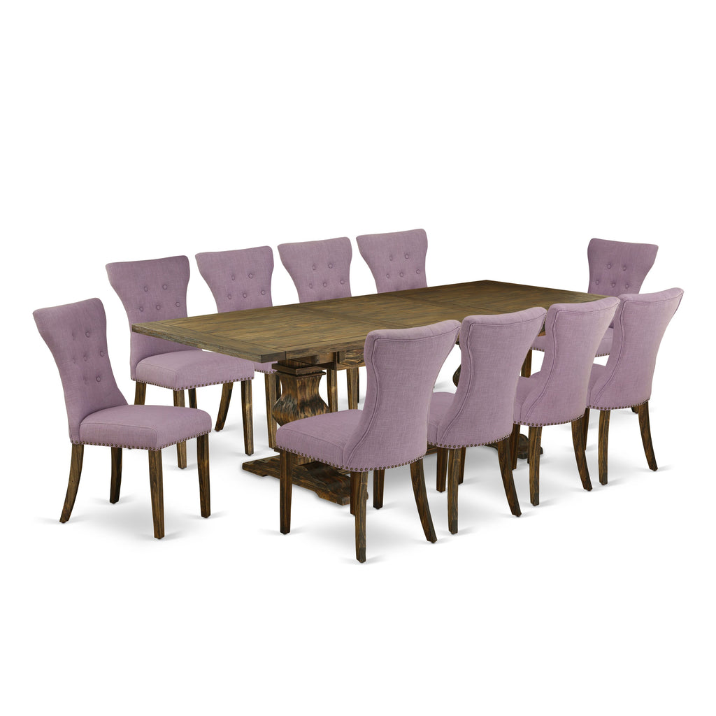 LAGA1H Elegant 11-Piece Dining Set with Butterfly Leaf and Dahlia Chairs, Jacobean Finish, 42x92 Inch