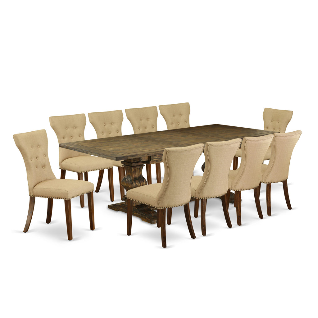 LAGA1H-6Q-S5 Expansive 11-Piece Dining Ensemble with Butterfly Leaf and 10 Upholstered Chairs in Brown Linen, Jacobean Finish, 42x92