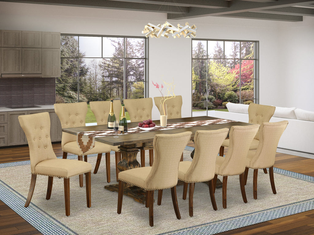 LAGA1H-6Q-S5 Expansive 11-Piece Dining Ensemble with Butterfly Leaf and 10 Upholstered Chairs in Brown Linen, Jacobean Finish, 42x92