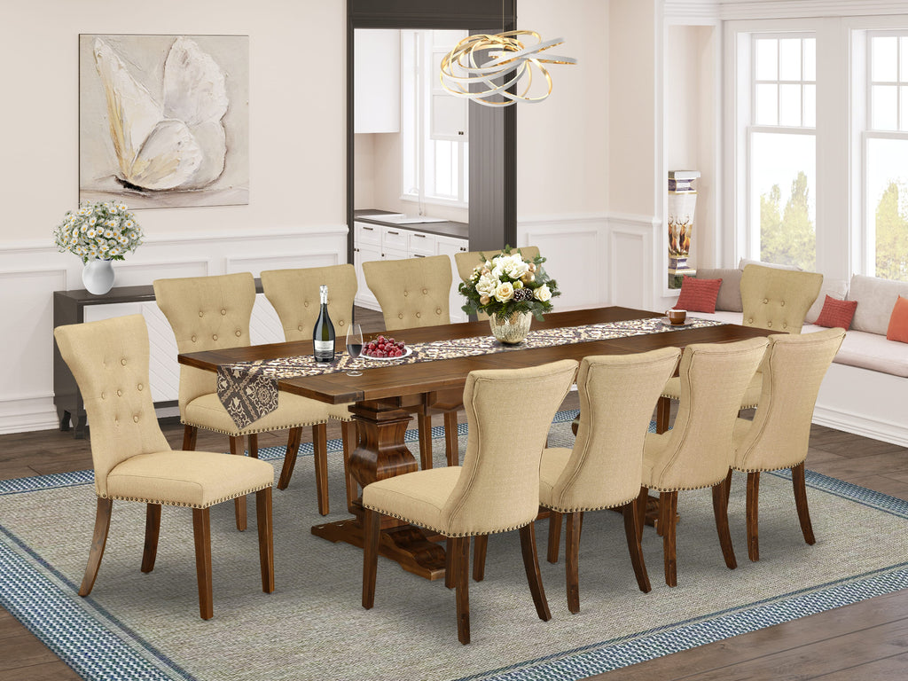 LAGA1Y-JI-YL 11-Piece Walnut Dining Collection with Leaf Table and Brown Chairs, 42x92 Inch