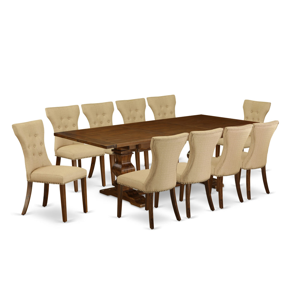 LAGA1Y-JI-YL 11-Piece Walnut Dining Collection with Leaf Table and Brown Chairs, 42x92 Inch