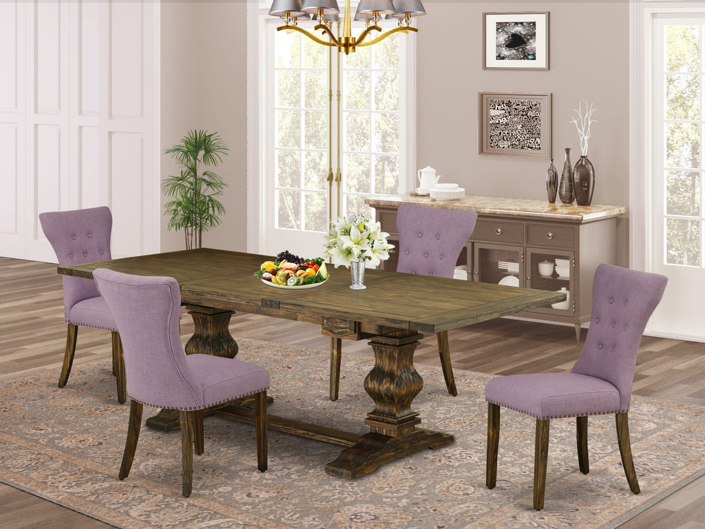 Uncover the Elegance of Rectangular Dining with LAGA5-85-Y1 5-Piece Set and Fabric Upholstered Seats, Jacobean Finish