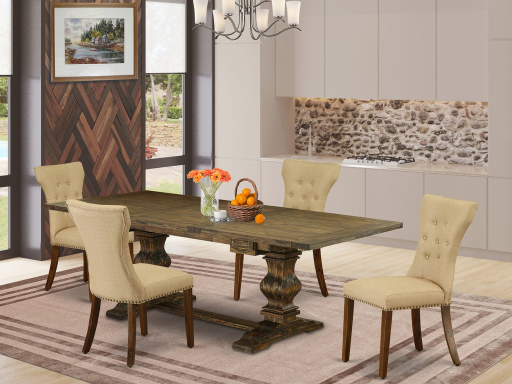 LAGA5-JH-VB 5-Piece Dining Ensemble with Rectangular Table Featuring Butterfly Leaf and 4 Jacobean Brown Linen Chairs