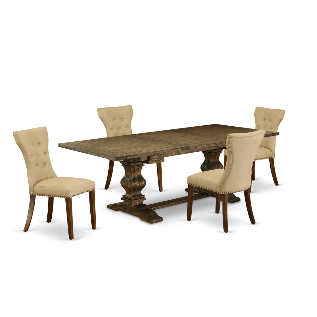 LAGA5-JH-VB 5-Piece Dining Ensemble with Rectangular Table Featuring Butterfly Leaf and 4 Jacobean Brown Linen Chairs