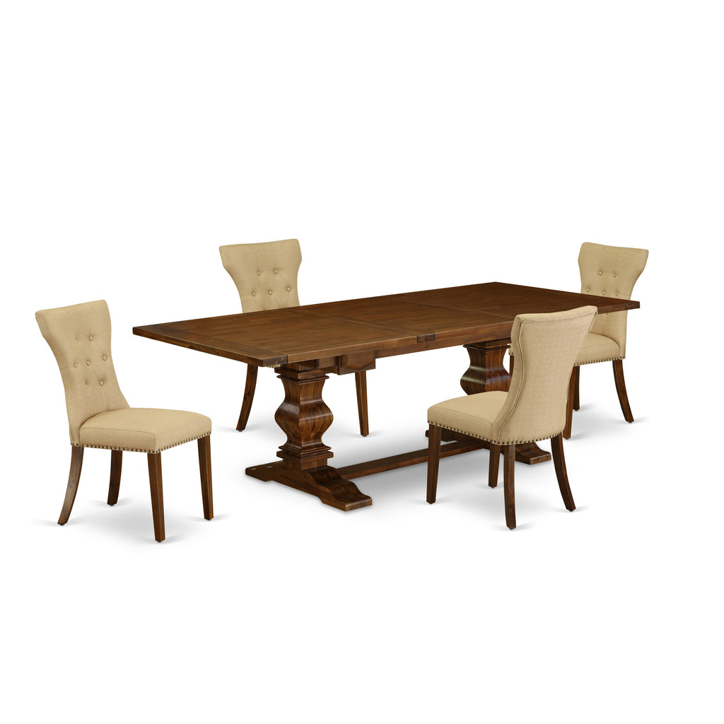 LAGA5-EG-JV Elegant 5 Piece Dining Set Rectangular Table with Butterfly Leaf & 4 Upholstered Chairs, Walnut