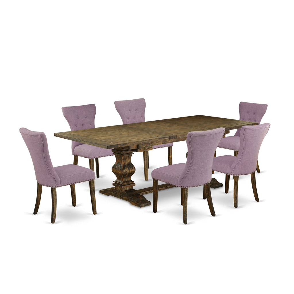 LAGA7-MG-JV 7-Piece Dining Ensemble with Rectangle Extension Table and 6 Linen Upholstered Chairs, 42 x 92, Jacobean Finish