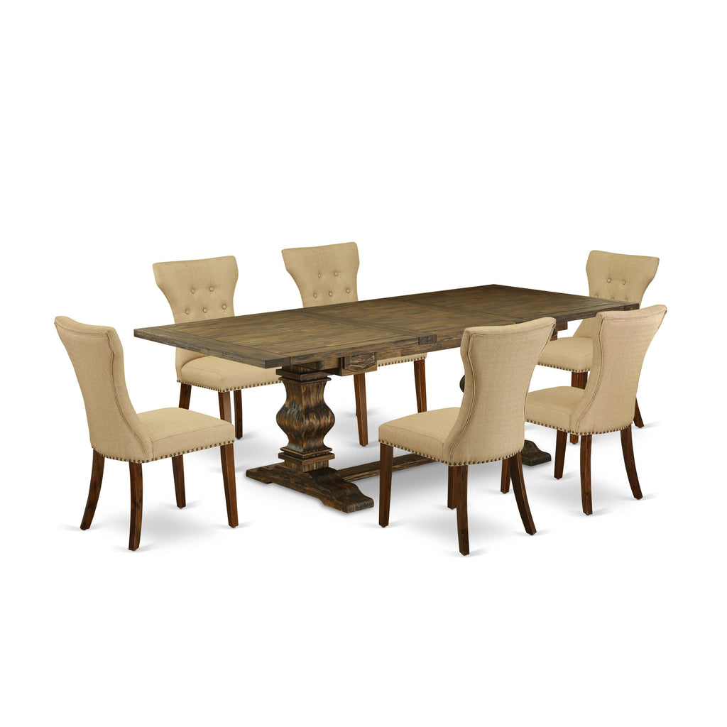 LAGA7-3W-KA 7-Piece Dining Ensemble with 42x92 Rectangle Table and 6 Parson Chairs in Aged Jacobean Finish