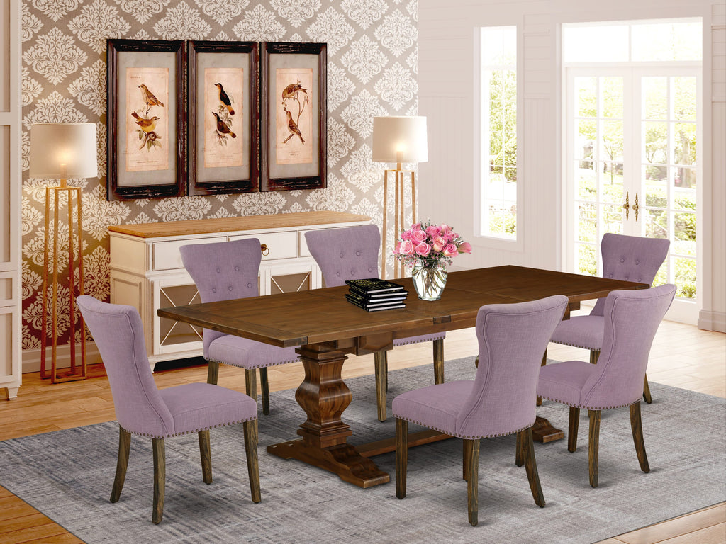 Model LAGA7-0X-U1 7-Piece Dining Ensemble with Expanding Wood Table & 6 Linen Parsons Chairs, Walnut Finish