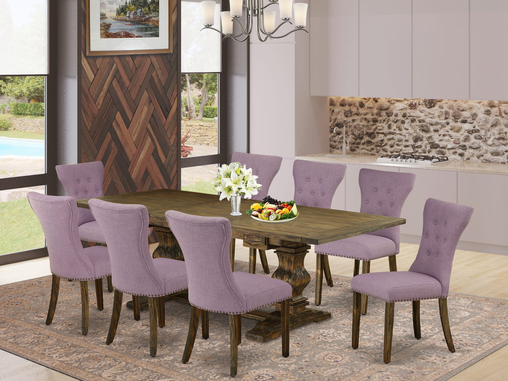 LAGA9-DN-CK 9 Pc Set Rectangle Table with Expanding Leaf and 8 Dahlia Linen Chairs, 42x92 Jacobean Finish