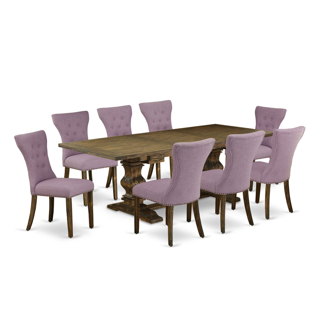 LAGA9-DN-CK 9 Pc Set Rectangle Table with Expanding Leaf and 8 Dahlia Linen Chairs, 42x92 Jacobean Finish