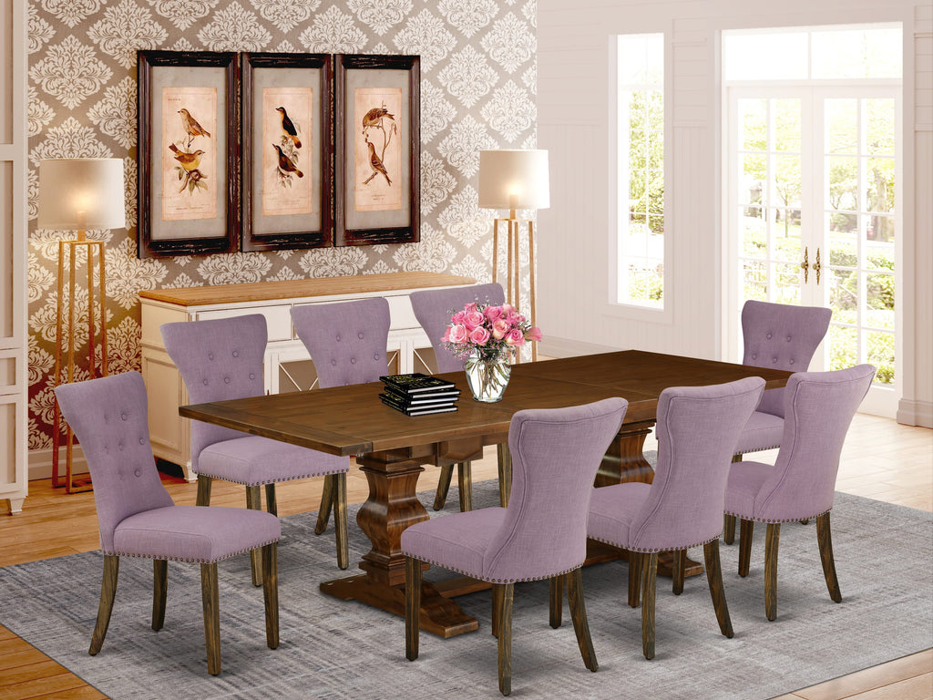 LAGA9-FG-4A 9-Piece Dining Ensemble with Butterfly Leaf Table and 8 Linen Parson Chairs, Walnut Elegance