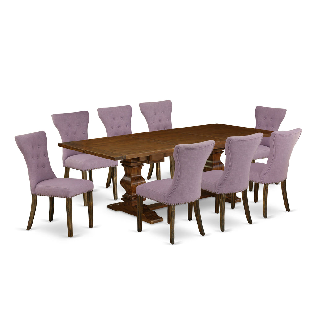 LAGA9-FG-4A 9-Piece Dining Ensemble with Butterfly Leaf Table and 8 Linen Parson Chairs, Walnut Elegance