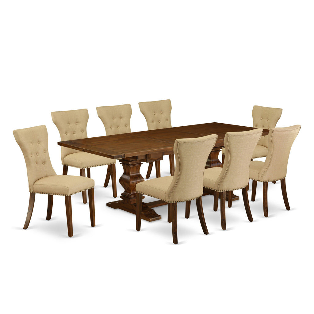 LAGA9-95-VR 9-Piece Walnut Dining Set with Butterfly Extension + 8 Parson Chairs in Brown Linen