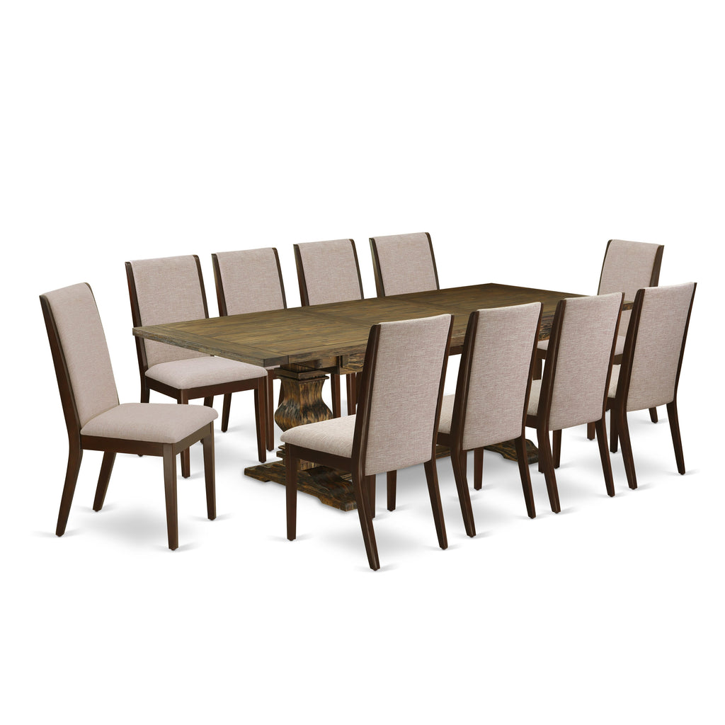 LALA1W-XP-BB 11 Piece Dining Set with Expanding Table and 10 Upholstered Chairs, Tan Linen, 42x92, Jacobean