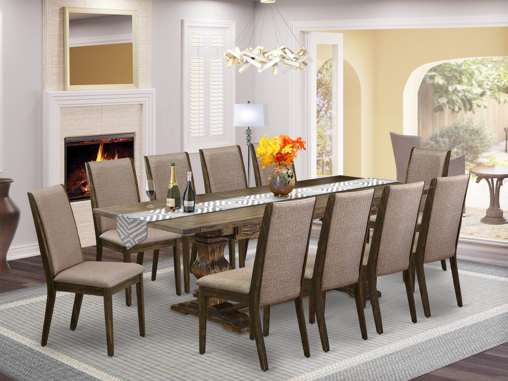LALA1O-AI-LA 11-Piece Dining Ensemble Featuring a Butterfly Leaf Rectangle Table & 10 Khaki Linen Parson Chairs